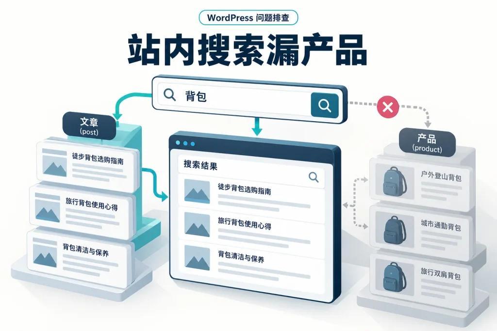 WordPress站内搜索找不到产品，先查内容还是搜索范围？配图