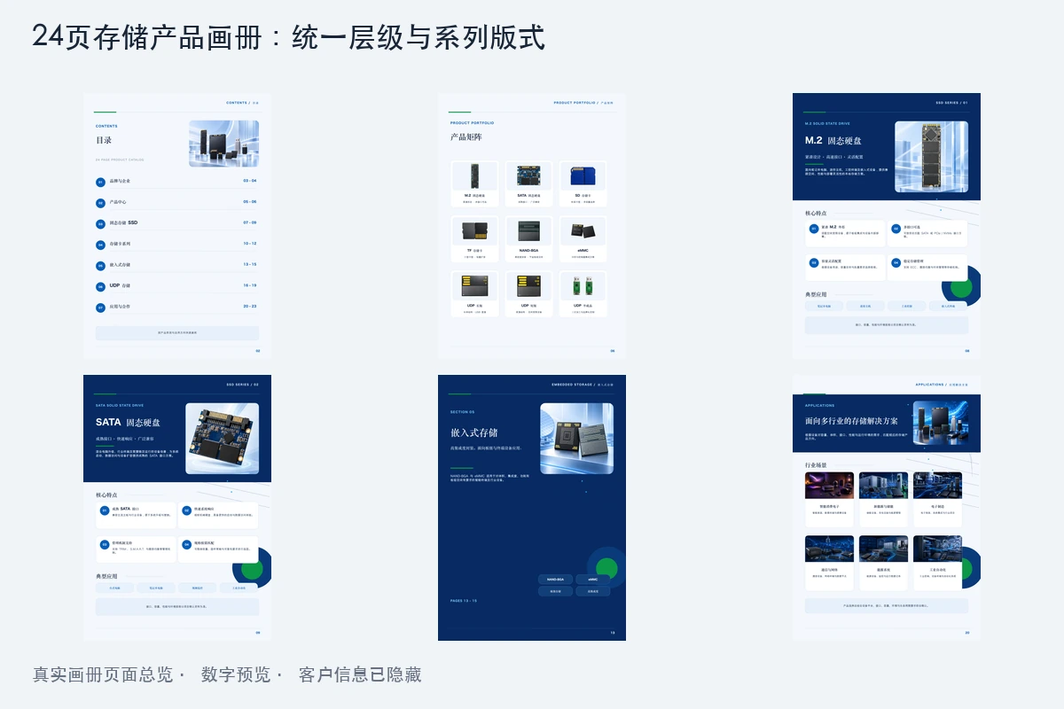 存储产品画册目录、矩阵、SSD、嵌入式和应用页的脱敏总览