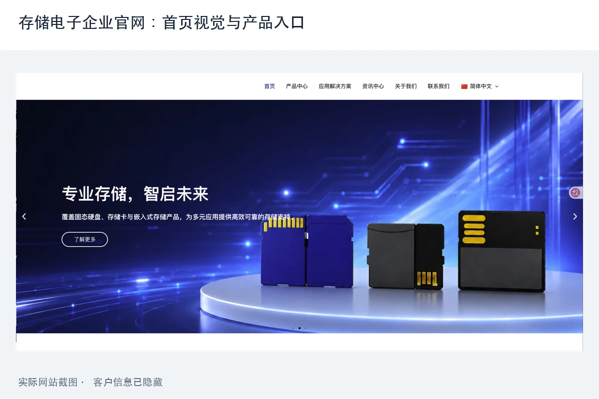 存储电子企业官网:首页视觉与产品入口,首页用存储产品主题视觉与简明说明建立业务识别,保留产品分类入口。截图中的场景视觉用于主题表达。